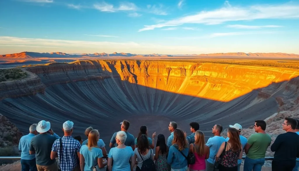 Meteor Crater viewpoint during golden hour with visitors enjoying the view Meteor Crater viewpoint during golden hour with visitors enjoying the view