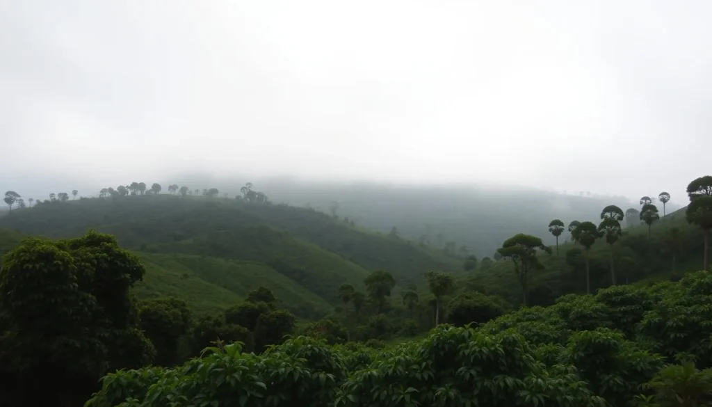 Misty morning view of Madikeri during the post-monsoon season with coffee plantations visible