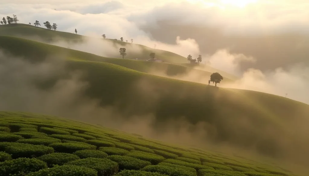 Misty morning view of tea plantations in Munnar during winter season