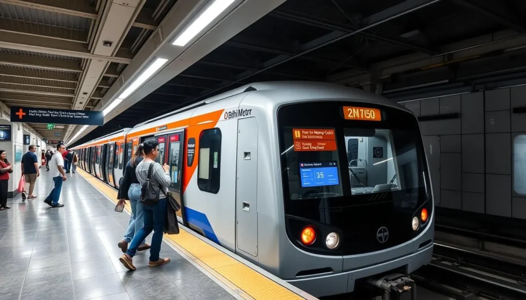 Modern Delhi Metro train at a station with passengers boarding
