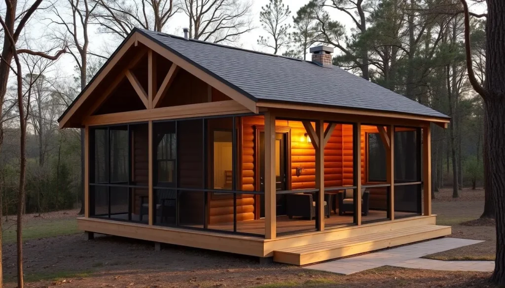 Modern cabin at Sam Houston Jones State Park with screened porch overlooking the forest