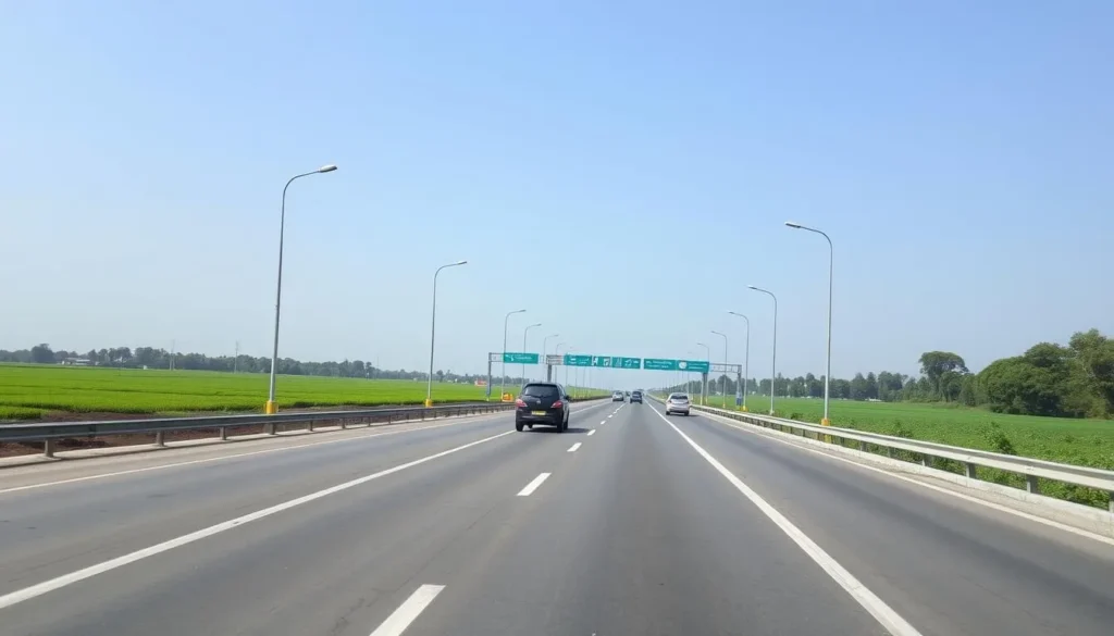 Modern highway in Haryana with vehicles and green fields on both sides Modern highway in Haryana with vehicles and green fields on both sides