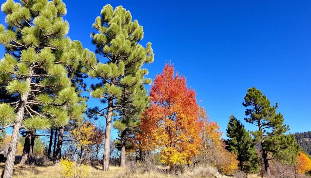 Mogollon Rim in autumn with colorful fall foliage among pine trees and clear blue skies Mogollon Rim in autumn with colorful fall foliage among pine trees and clear blue skies