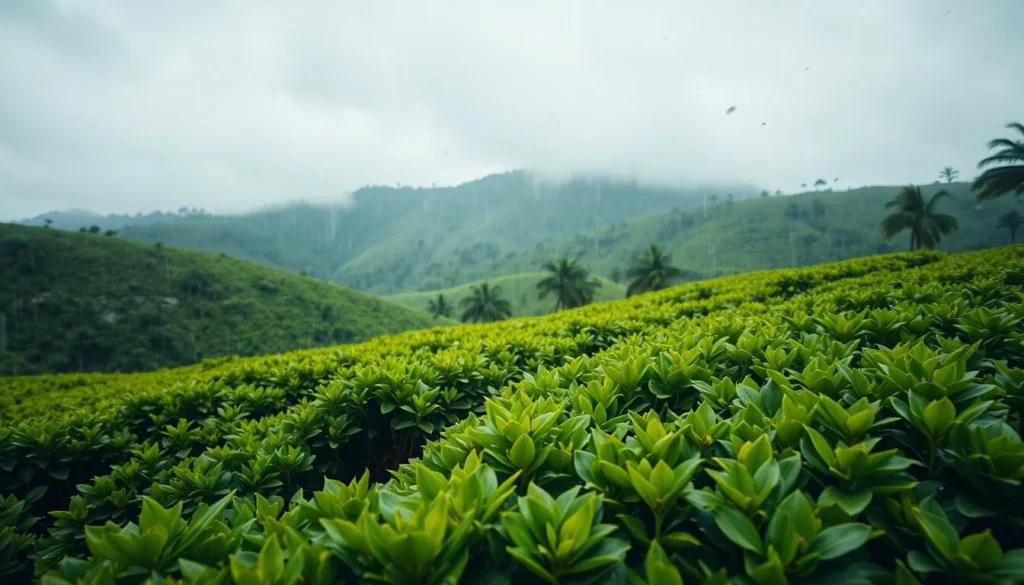 Monsoon season in Kerala with rain falling on lush green tea plantations