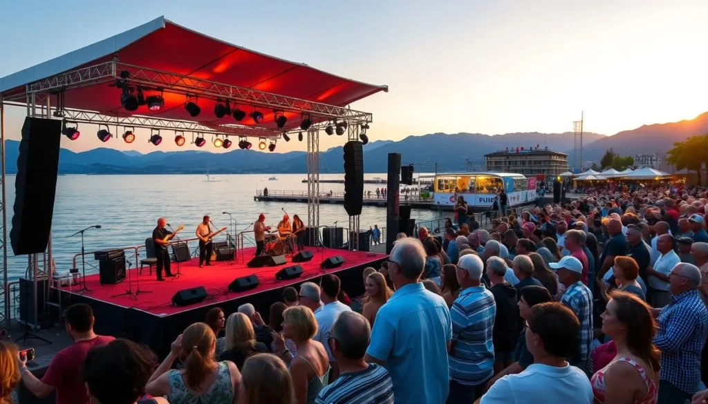 Montreux Jazz Festival on Lake Geneva with crowds enjoying music