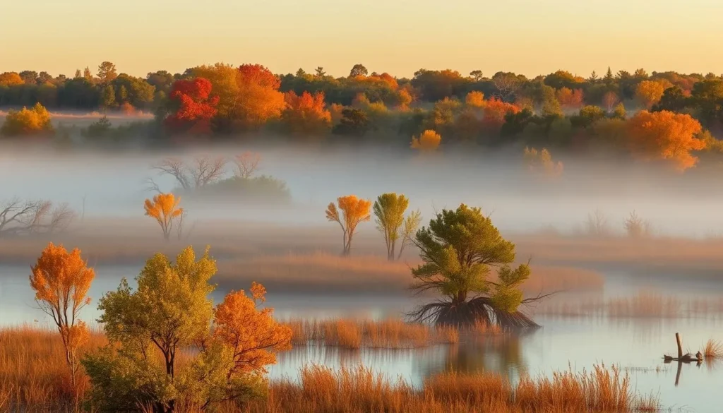 Morning mist rising over Maurepas Swamp Wildlife Management Area during fall season Morning mist rising over Maurepas Swamp Wildlife Management Area during fall season