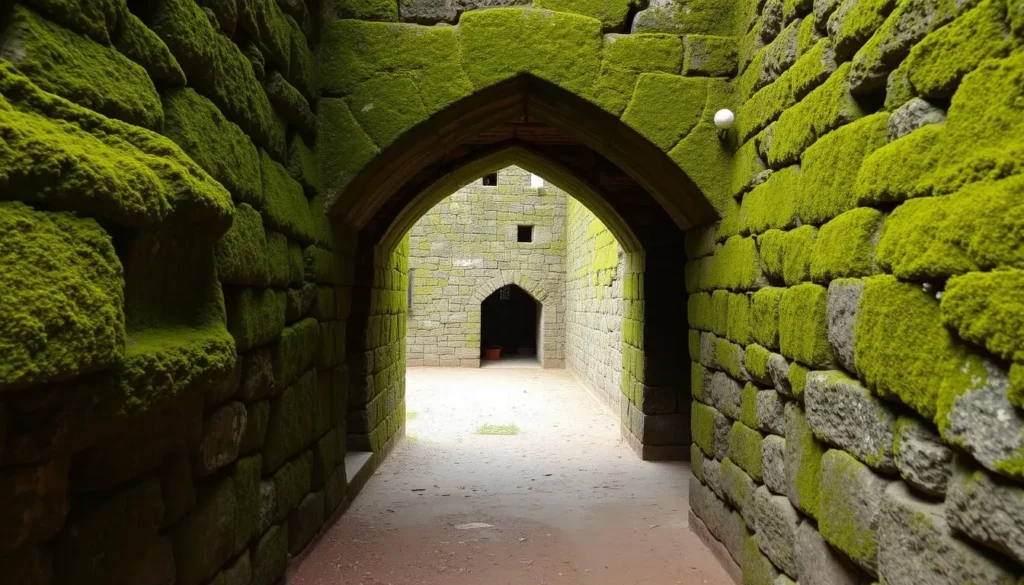 Moss-covered stone walls and archways of the historic Mirjan Fort