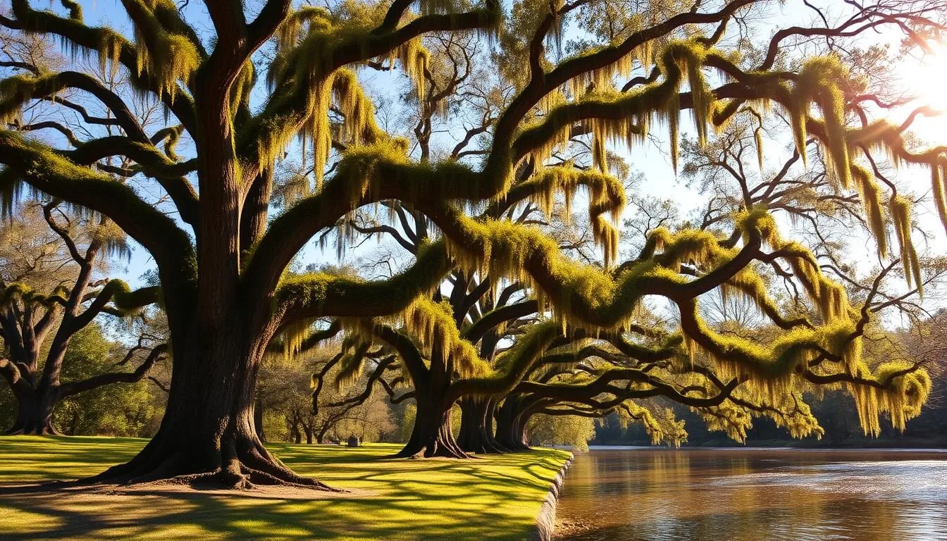 Moss-draped live oaks along the Tchefuncte River at Fairview-Riverside State Park, Louisiana