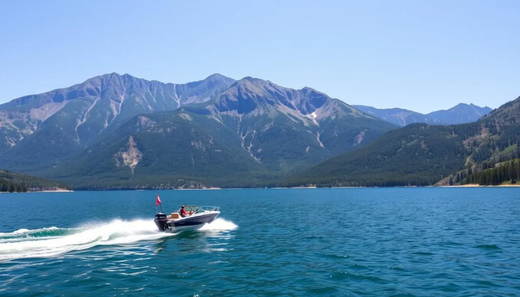 Motorboat cruising on Green Mountain Reservoir with mountain backdrop Motorboat cruising on Green Mountain Reservoir with mountain backdrop