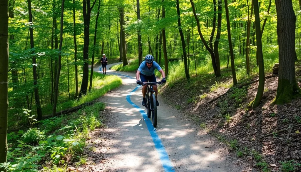Mountain biker on a trail at Rock Cut Nature Preserve Illinois with forest scenery Mountain biker on a trail at Rock Cut Nature Preserve Illinois with forest scenery