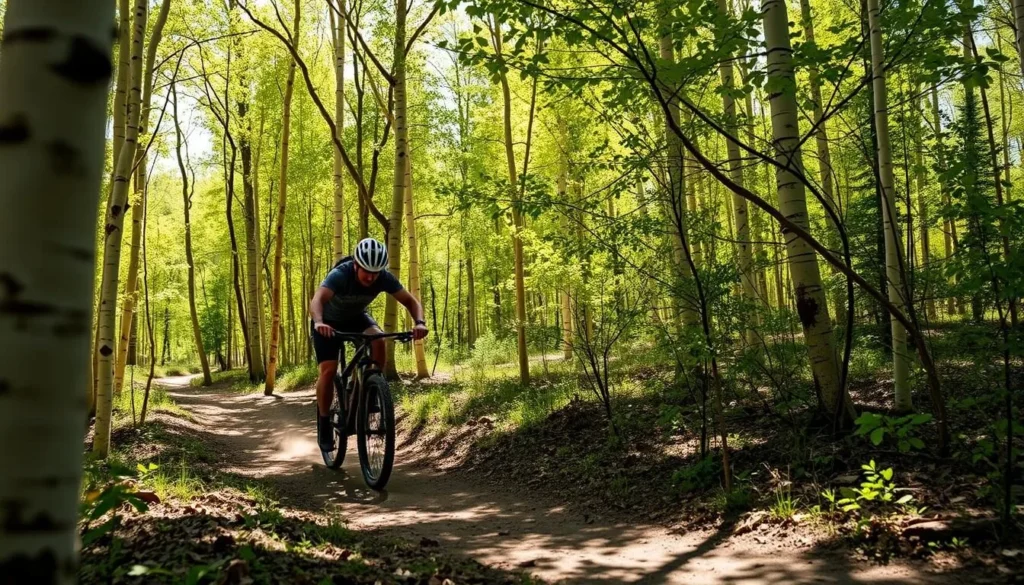Mountain biker on forest trail in Irwin, Colorado