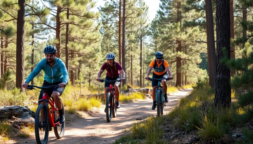 Mountain bikers on a forest trail in Lincoln National Forest Mountain bikers on a forest trail in Lincoln National Forest