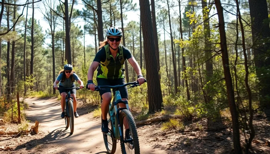 Mountain bikers riding on a trail through Kisatchie National Forest with pine trees and natural terrain