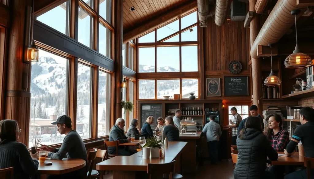 Mountain cafe in Breckenridge with rustic decor and coffee being served
