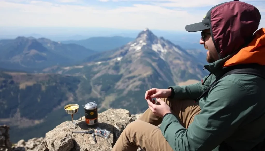 Mountain climber enjoying a meal with scenic views of the San Juan Mountains and El Diente Peak in the background Mountain climber enjoying a meal with scenic views of the San Juan Mountains and El Diente Peak in the background