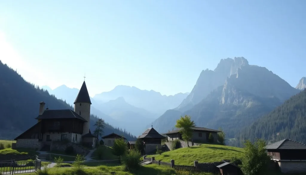 Mountain landscape in Chechnya with traditional architecture and dramatic peaks
