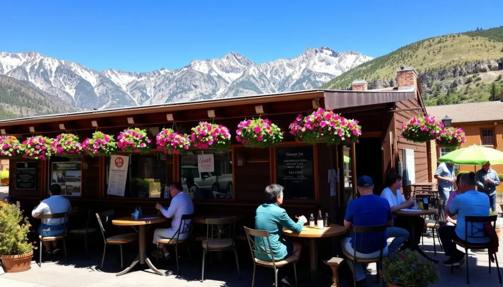 Mountain restaurant in Ouray with outdoor patio and mountain views