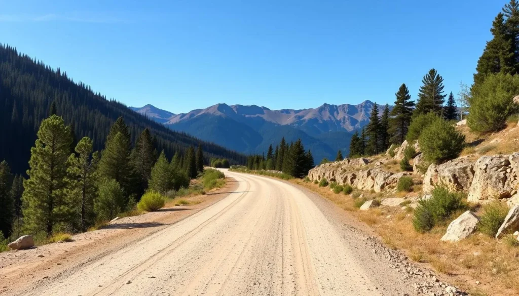 Mountain road leading to Valle Vidal in Carson National Forest with scenic views Mountain road leading to Valle Vidal in Carson National Forest with scenic views