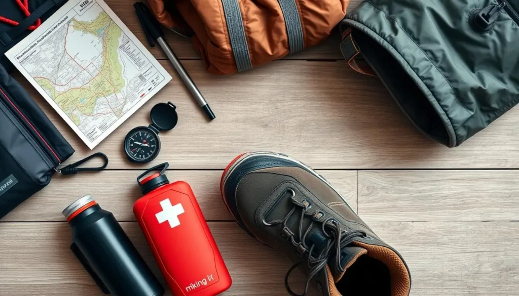 Mountain safety gear including map, compass, and first aid kit for San Juan Mountains exploration