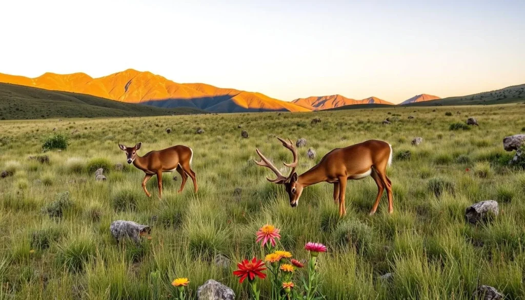 Mule deer grazing in meadow near Horsetooth Mountain Open Space trails in Colorado