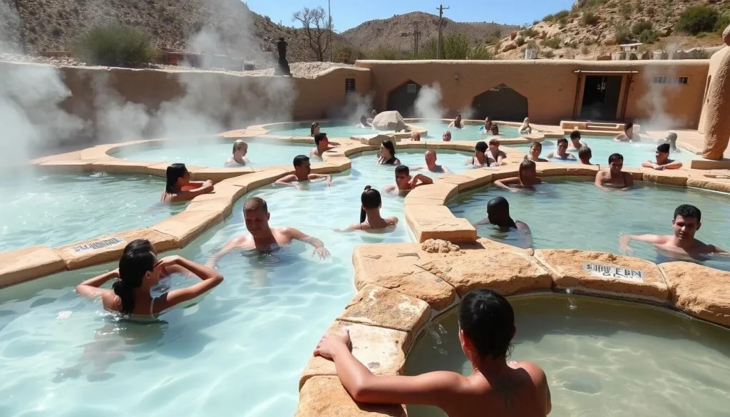 Multiple mineral pools at Ojo Caliente with diverse visitors relaxing in the healing waters Multiple mineral pools at Ojo Caliente with diverse visitors relaxing in the healing waters