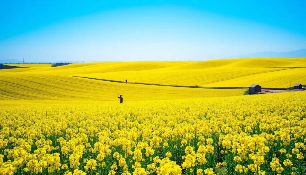 Mustard fields in full bloom in rural Punjab during winter season