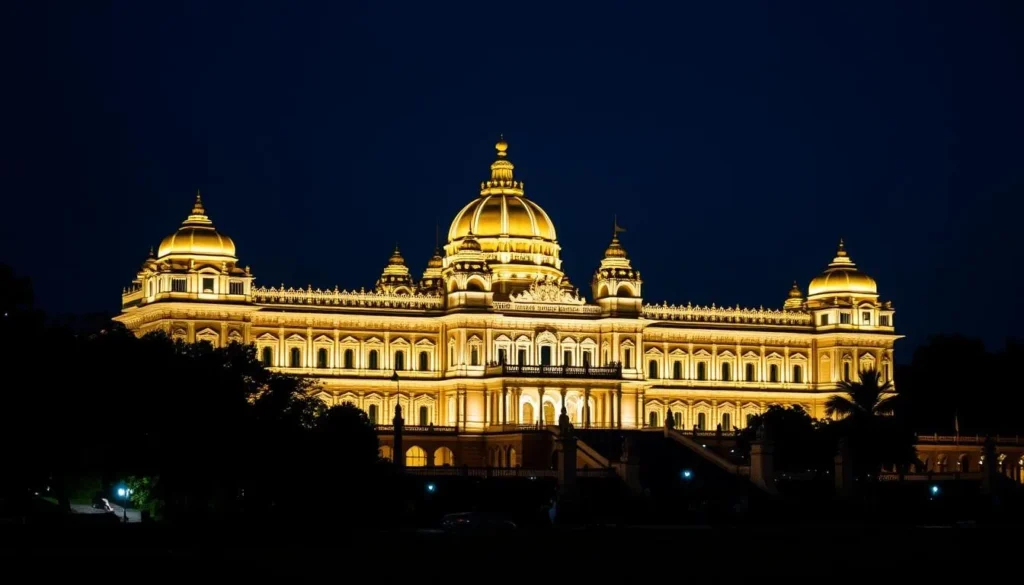 Mysore Palace illuminated at night, a popular day trip from Bandipur