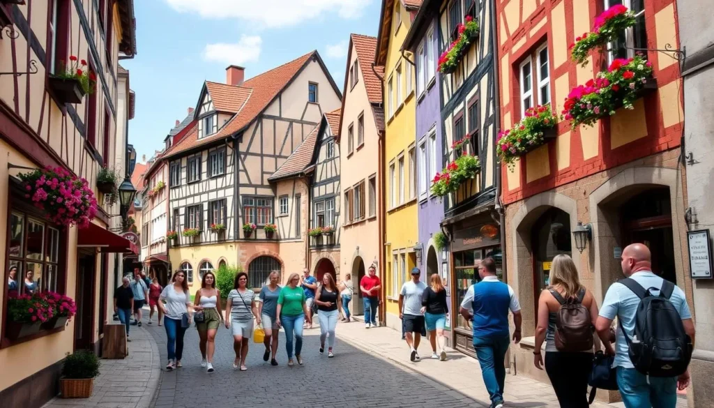 Narrow cobblestone street in Rothenburg with colorful half-timbered houses and no cars