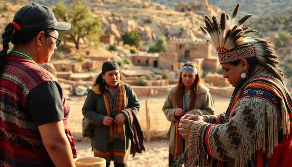 Native American cultural demonstration at Tuzigoot National Monument Arizona with traditional crafts