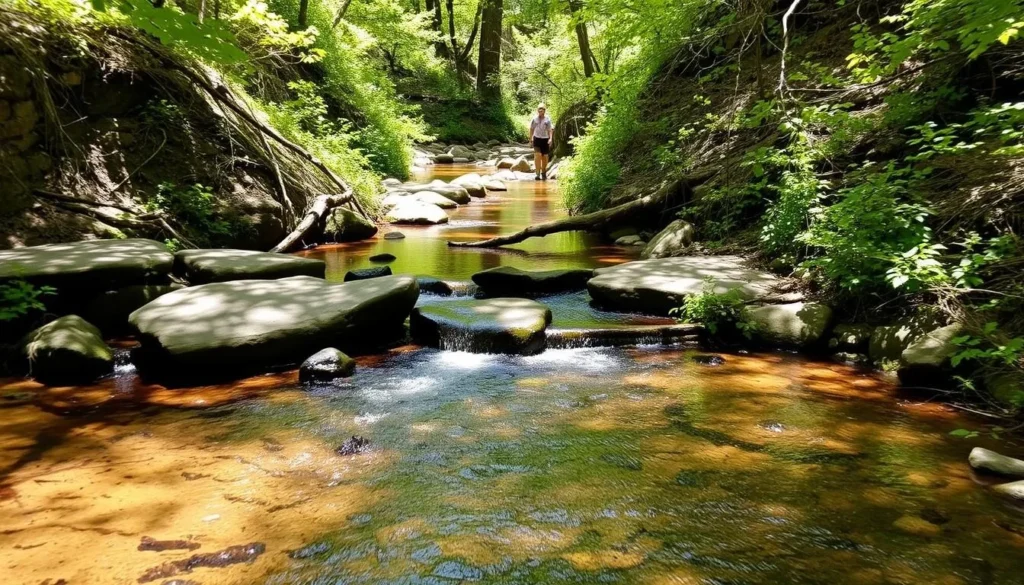Natural creek crossing at Ramsey Canyon Preserve showing safe hiking practices