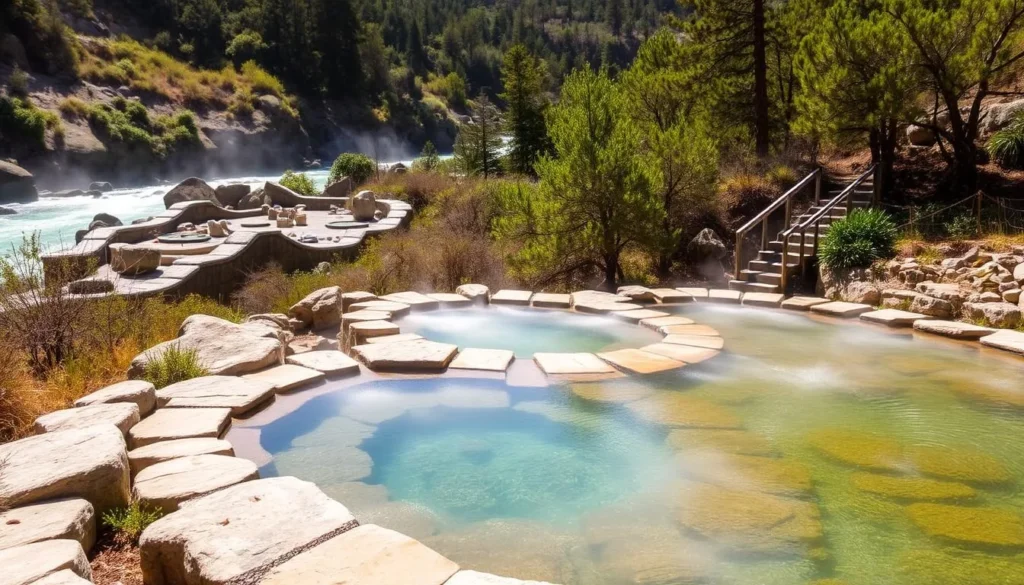 Natural hot spring pools at Sykes Hot Springs California with surrounding wilderness Natural hot spring pools at Sykes Hot Springs California with surrounding wilderness