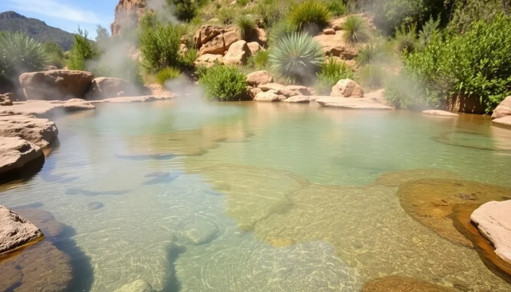 Natural hot springs near Gila Cliff Dwellings with steam rising from the water Natural hot springs near Gila Cliff Dwellings with steam rising from the water