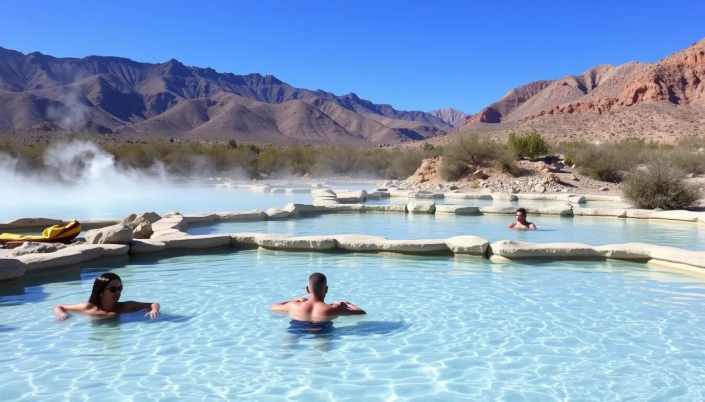 Natural hot springs pools in Tecopa with desert mountains backdrop Natural hot springs pools in Tecopa with desert mountains backdrop