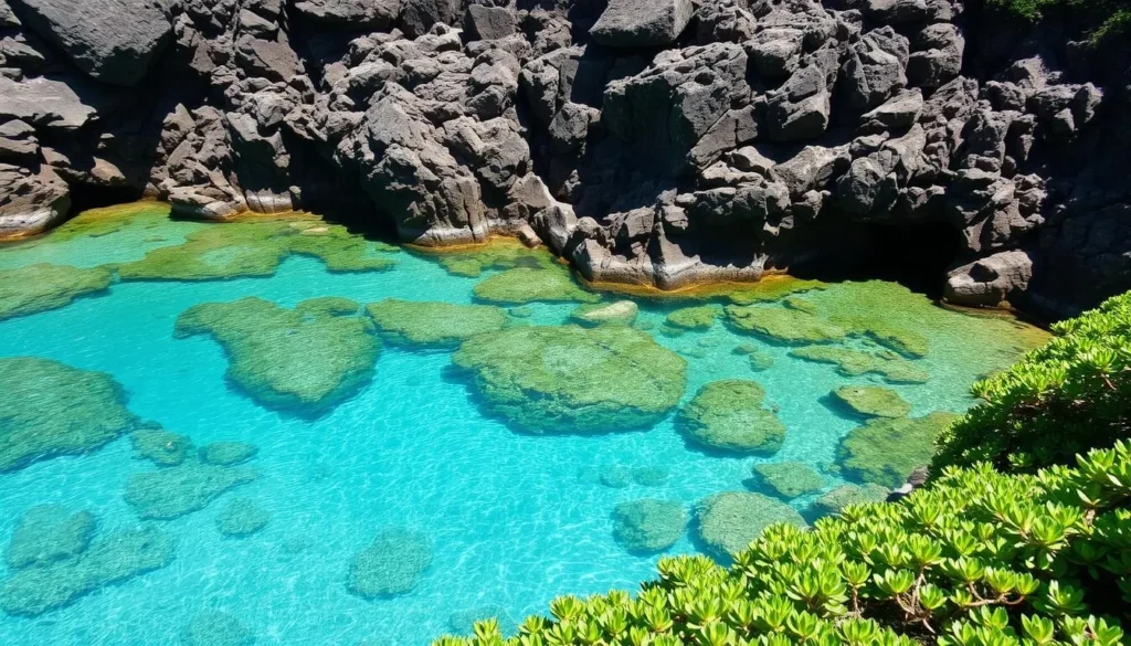Natural rock formations and marine ecosystem at Paradise Cove Beach Oahu Hawaii