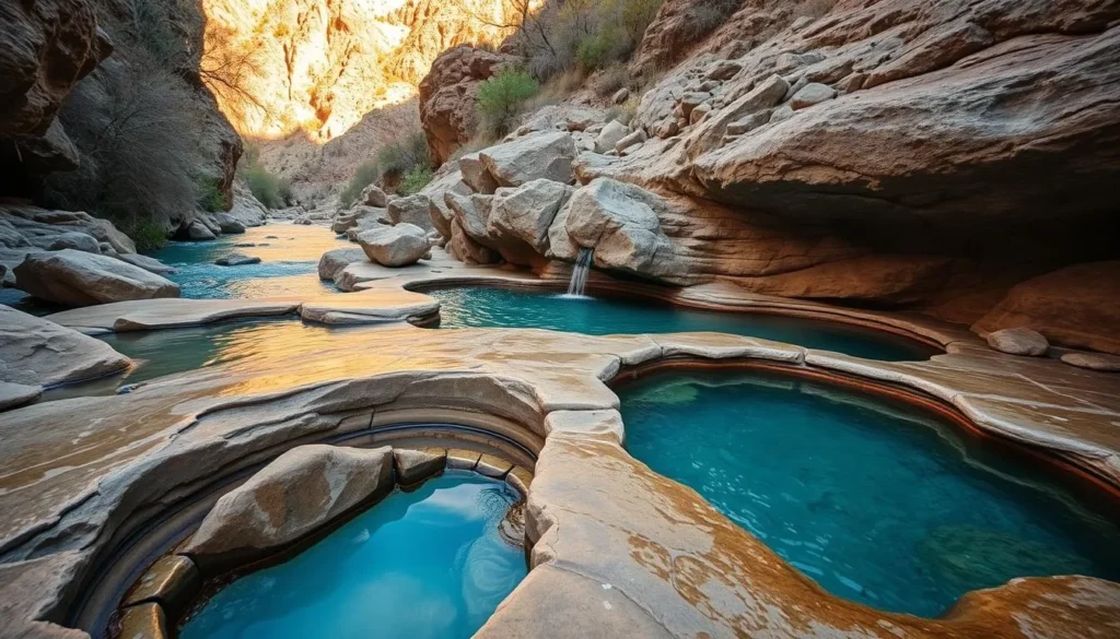 Natural stone pools of Manby Hot Springs with the Rio Grande flowing nearby Natural stone pools of Manby Hot Springs with the Rio Grande flowing nearby