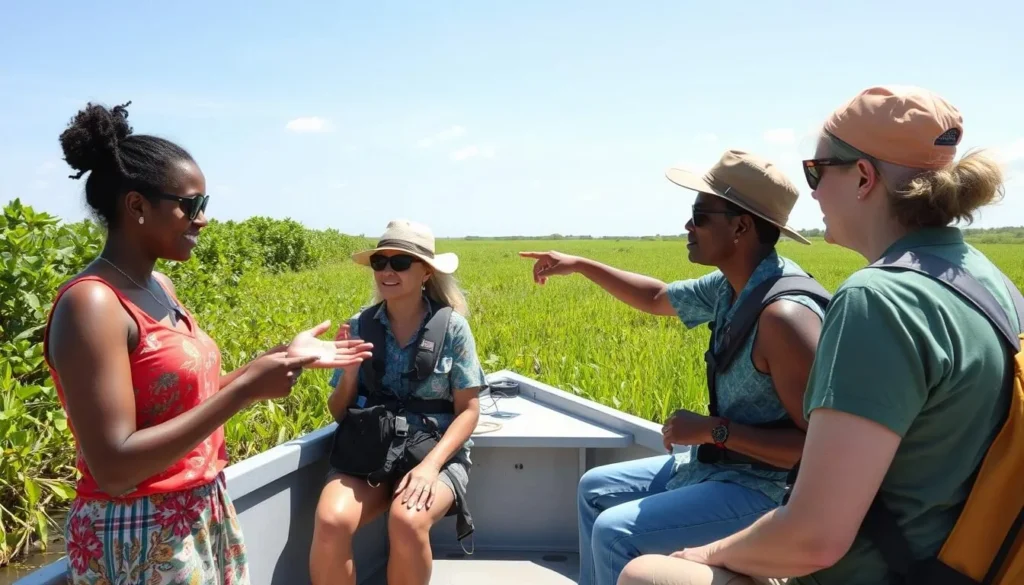 Naturalist guide explaining the ecosystem of Pass-a-Loutre to tourists