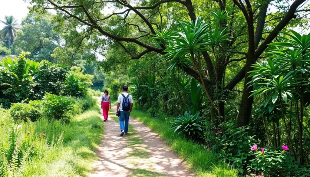 Nature trail in Auroville with lush greenery and walking paths