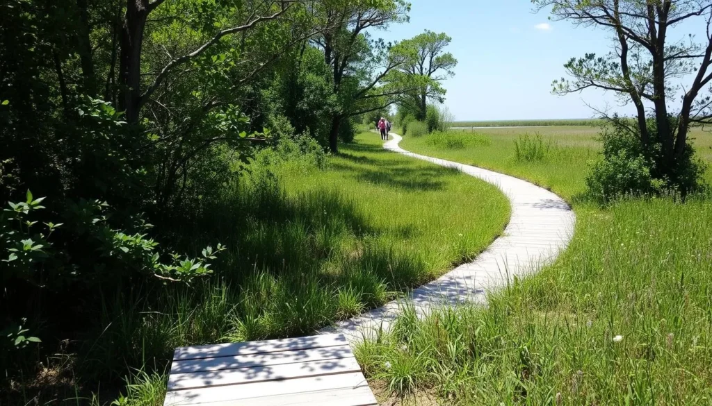 Nature trail through marsh habitat at Grand Isle State Park with boardwalk Nature trail through marsh habitat at Grand Isle State Park with boardwalk