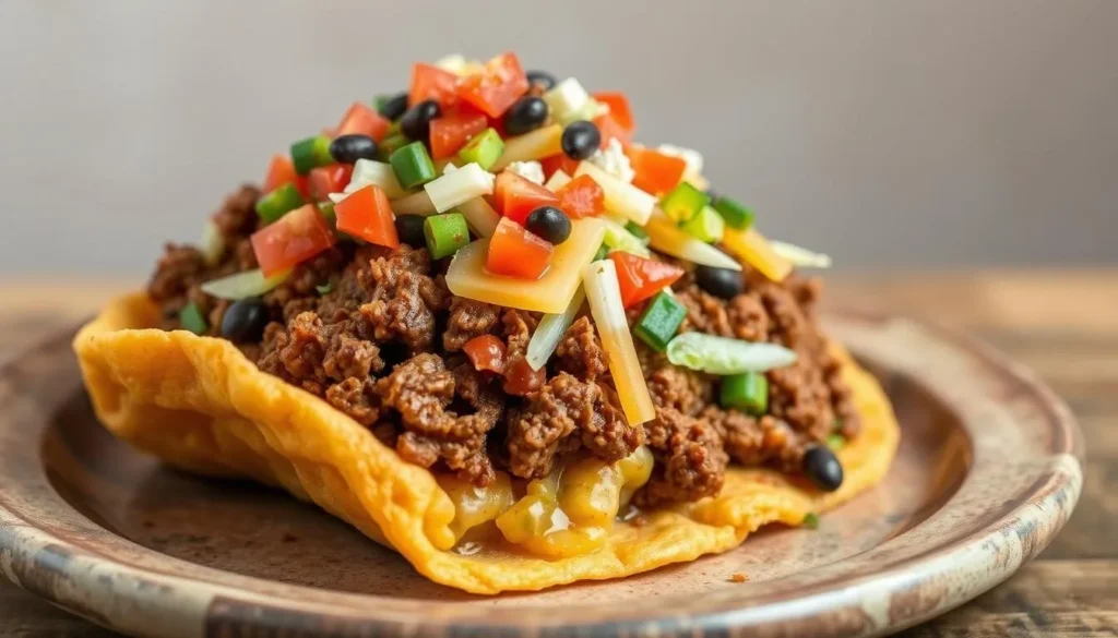 Navajo taco with fry bread and traditional toppings, a local specialty