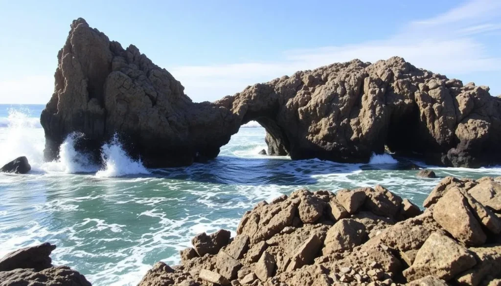 Needle Rock formation with waves crashing through its natural arch at Sinkyone Wilderness State Park Needle Rock formation with waves crashing through its natural arch at Sinkyone Wilderness State Park