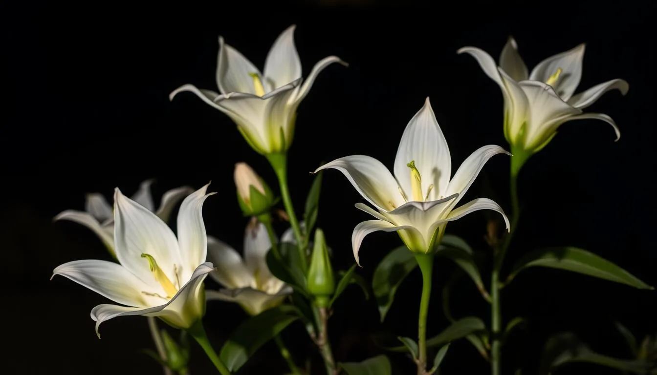 Night blooming cereus flowers at Tohono Chul Park with their distinctive white blooms illuminated against the dark desert background