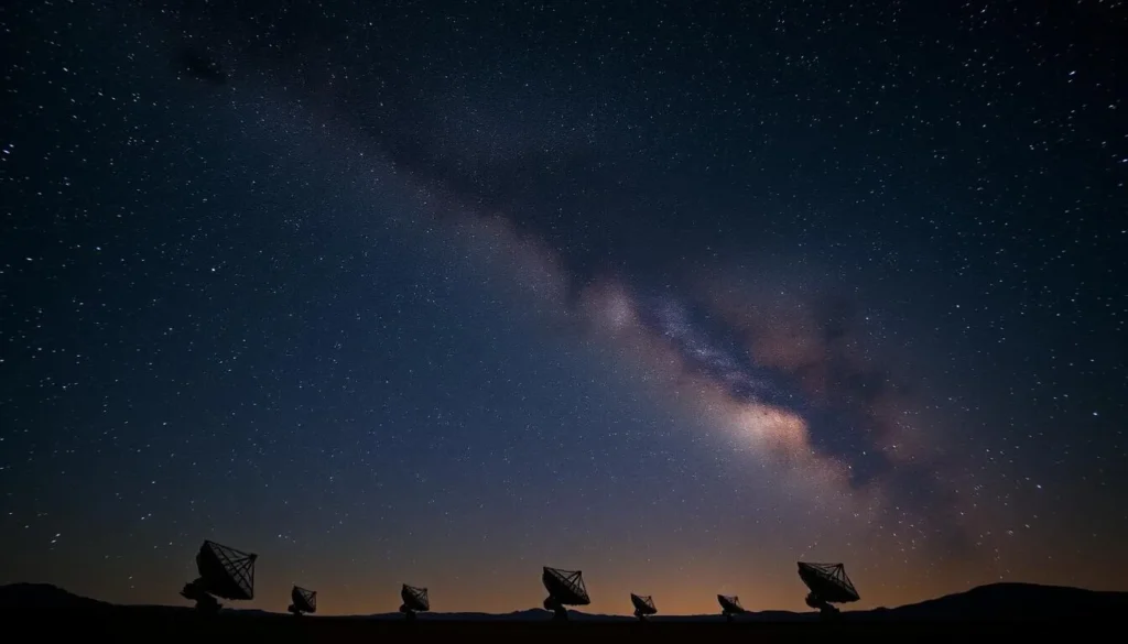 Night sky with Milky Way visible above VLA radio telescopes
