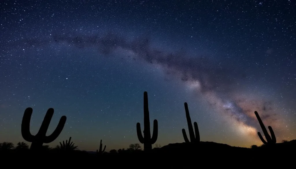 Night sky with stars and Milky Way over silhouettes of organ pipe cacti