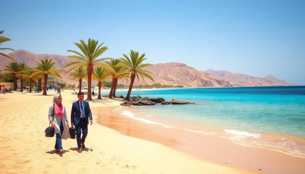 Nuweiba beach during perfect weather with few tourists enjoying the pristine Red Sea coastline