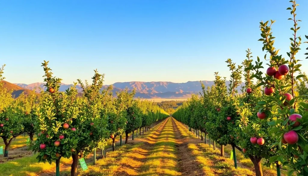 Oak Glen apple orchards near Wildwood Canyon with mountains in background Oak Glen apple orchards near Wildwood Canyon with mountains in background
