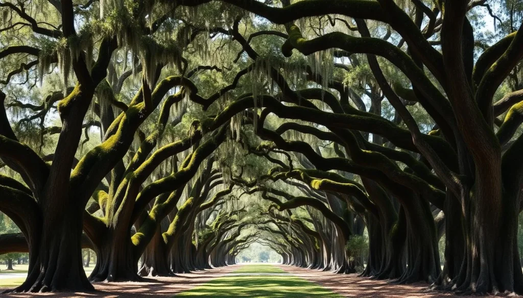 Oak alley at Rosedown Plantation with Spanish moss hanging from ancient trees