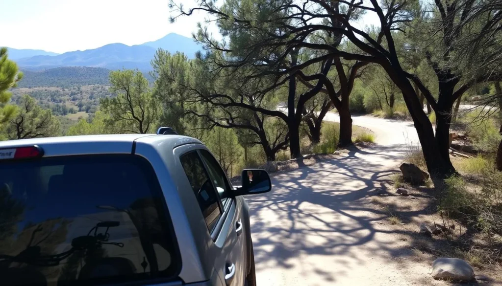 Off-road vehicle navigating a forest road in the Santa Rita Mountains Off-road vehicle navigating a forest road in the Santa Rita Mountains