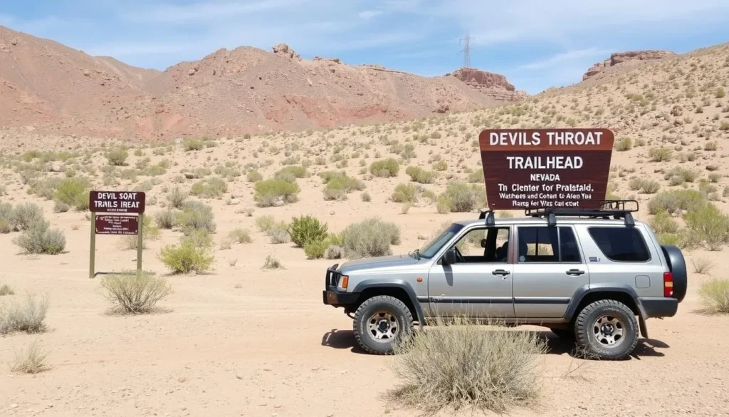 Off-road vehicle parked at Devils Throat trailhead with desert landscape Off-road vehicle parked at Devils Throat trailhead with desert landscape