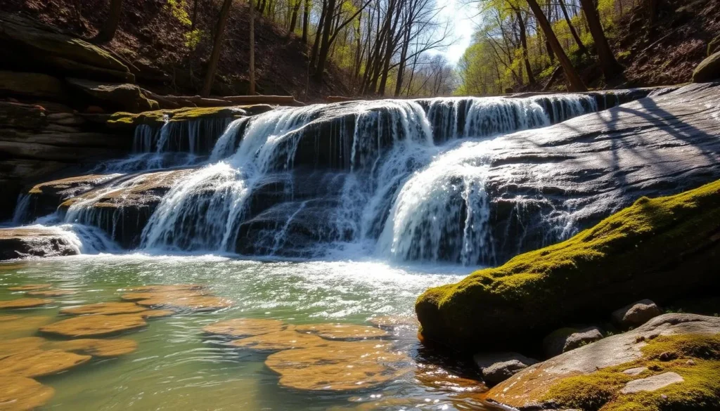 One of the three waterfalls cascading over rocks at Salt Springs State Park Pennsylvania One of the three waterfalls cascading over rocks at Salt Springs State Park Pennsylvania
