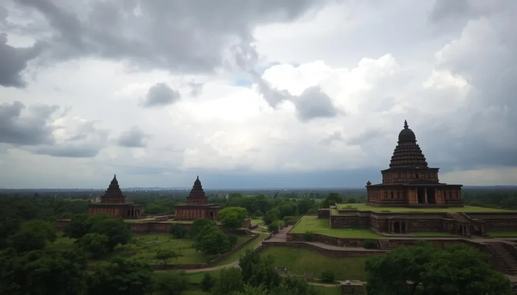 Orchha's monuments during monsoon season with dramatic clouds and lush greenery